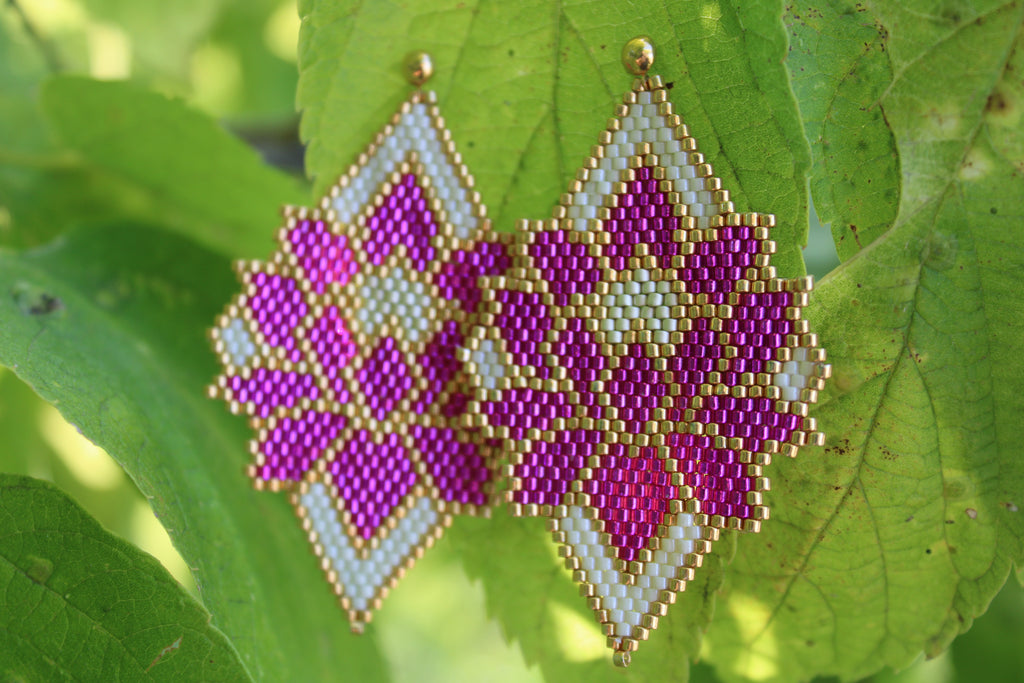 Pink and white Floral Brick Stitch Earrings