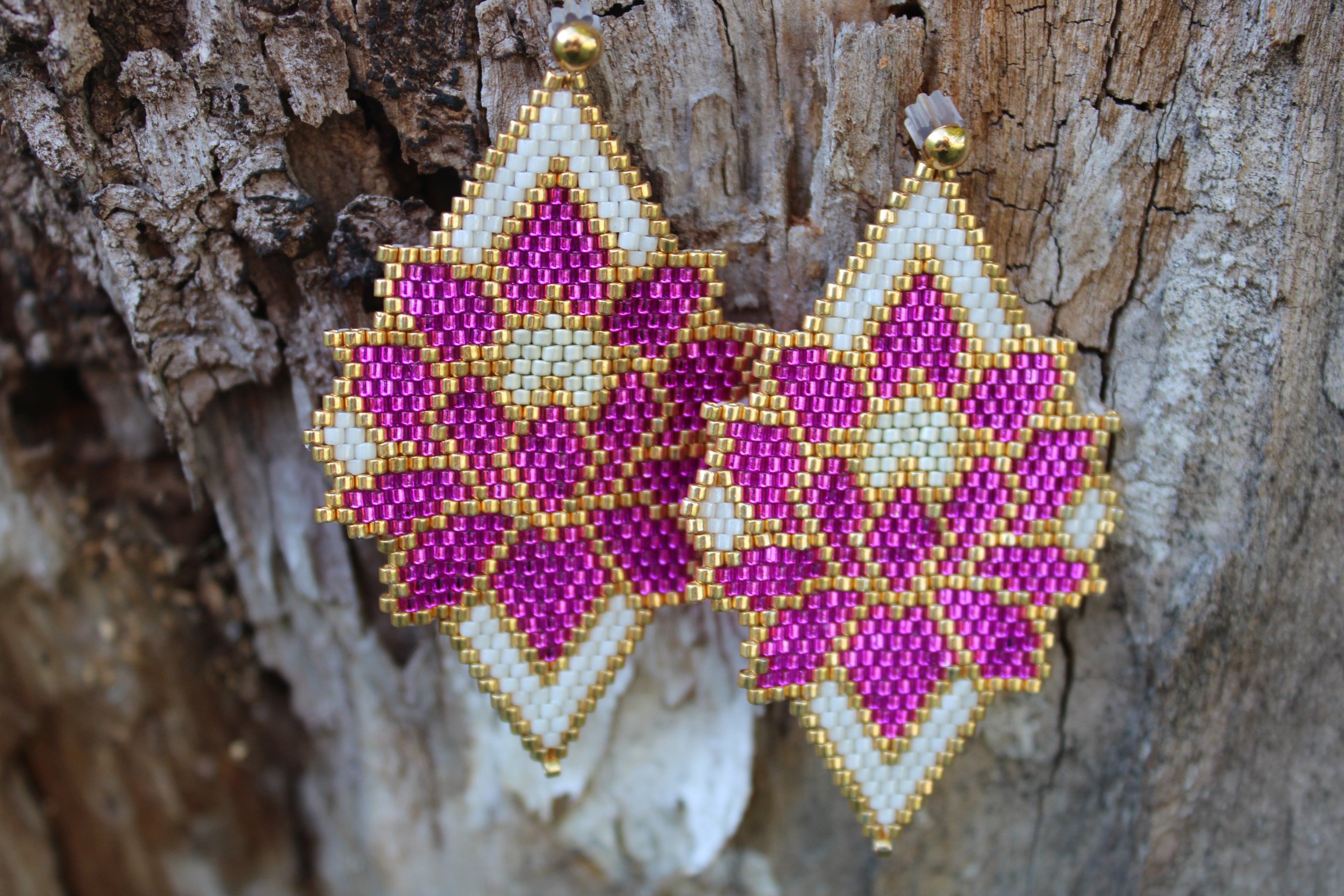 Pink and white Floral Brick Stitch Earrings