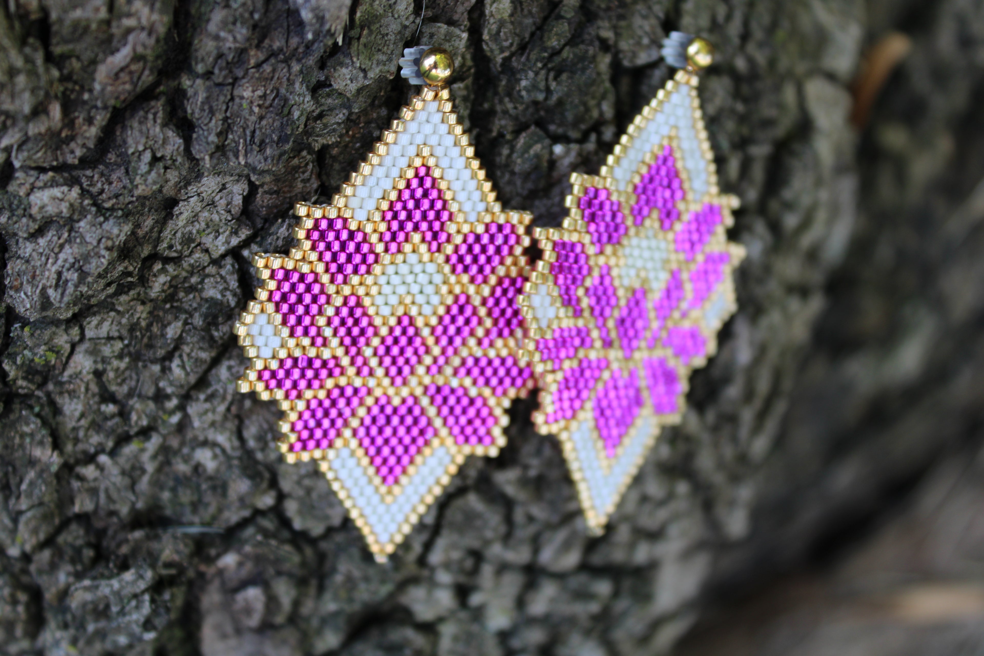 Pink and white Floral Brick Stitch Earrings