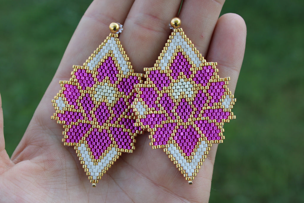 Pink and white Floral Brick Stitch Earrings