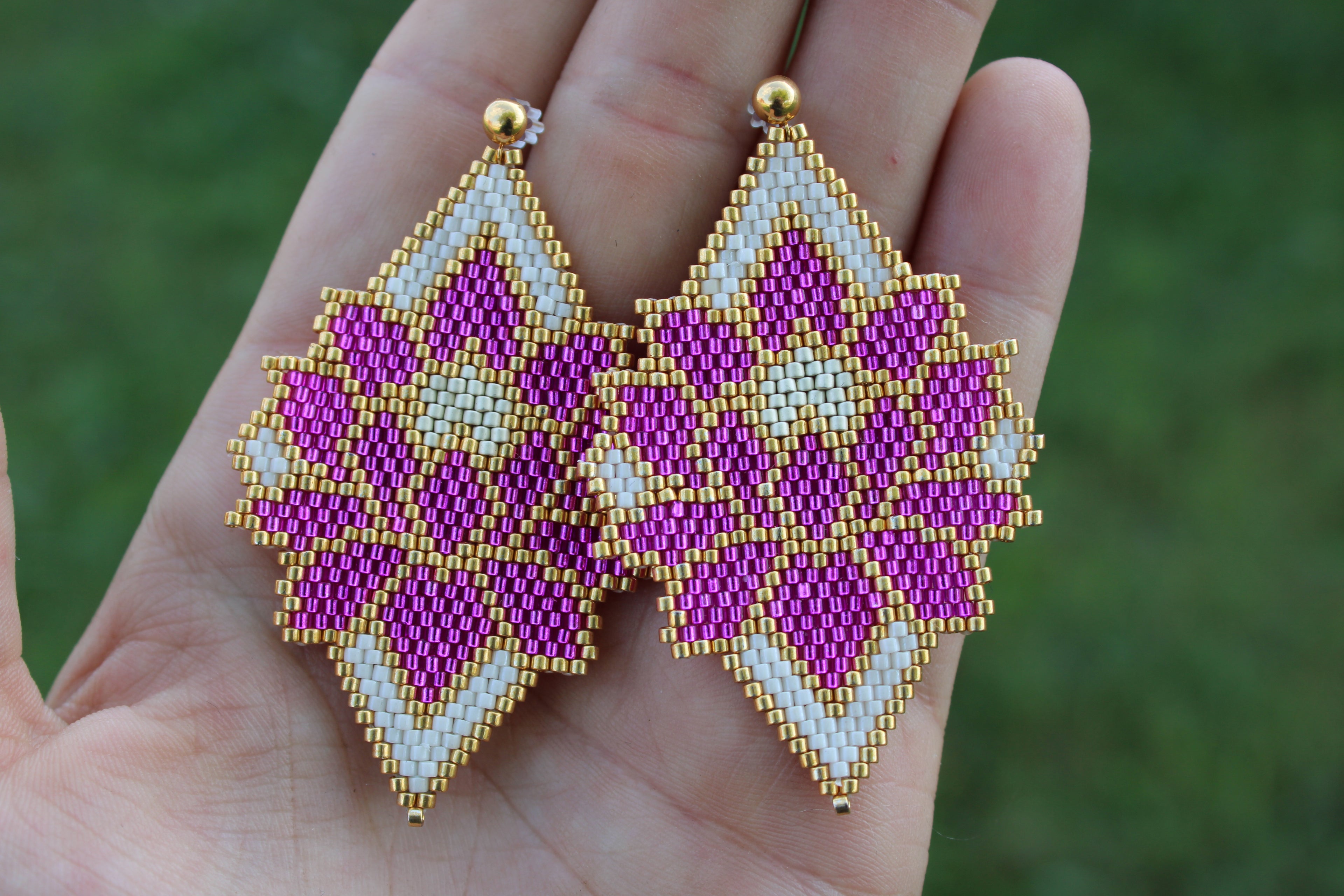Pink and white Floral Brick Stitch Earrings