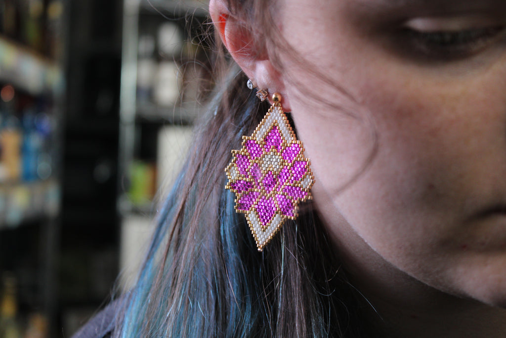 Pink and white Floral Brick Stitch Earrings