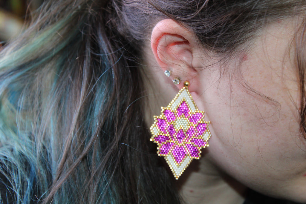 Pink and white Floral Brick Stitch Earrings