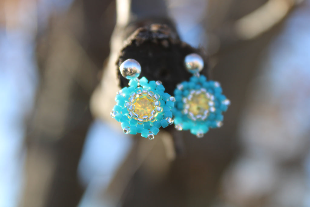 Small Flower Beaded Earrings with Swarovski Centers