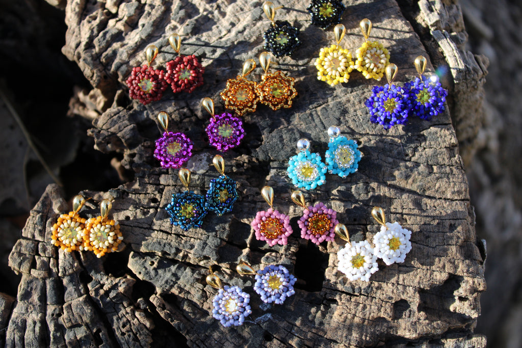 Small Flower Beaded Earrings with Swarovski Centers