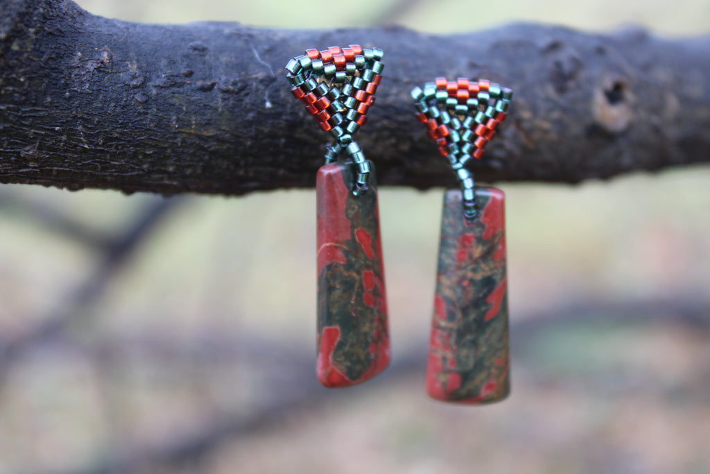 Short Red Creek Jasper Rectangle Spike Earrings