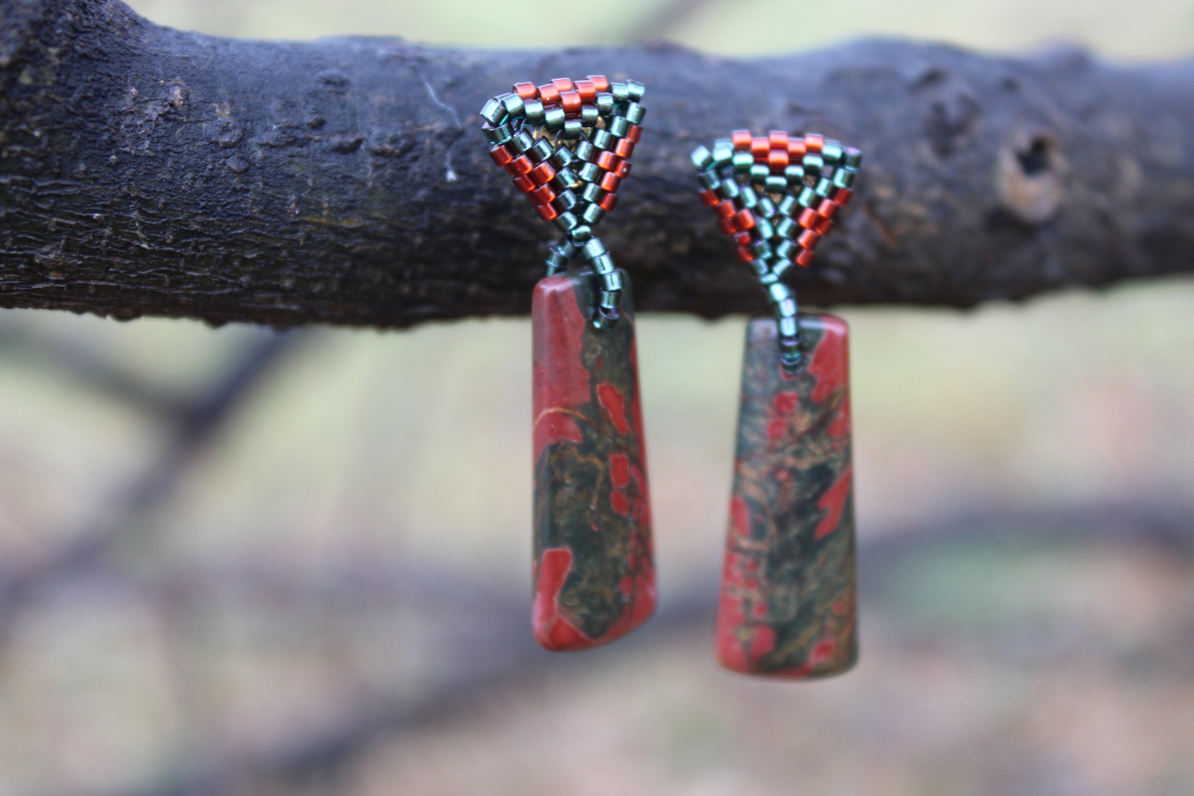 Short Red Creek Jasper Rectangle Spike Earrings