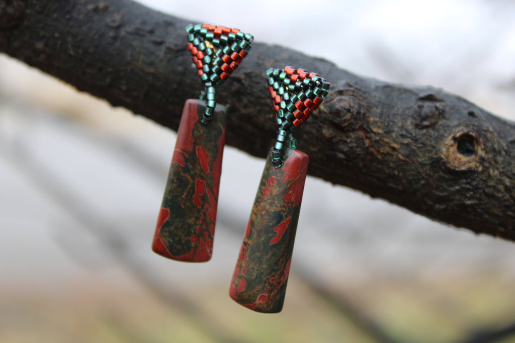 Short Red Creek Jasper Rectangle Spike Earrings