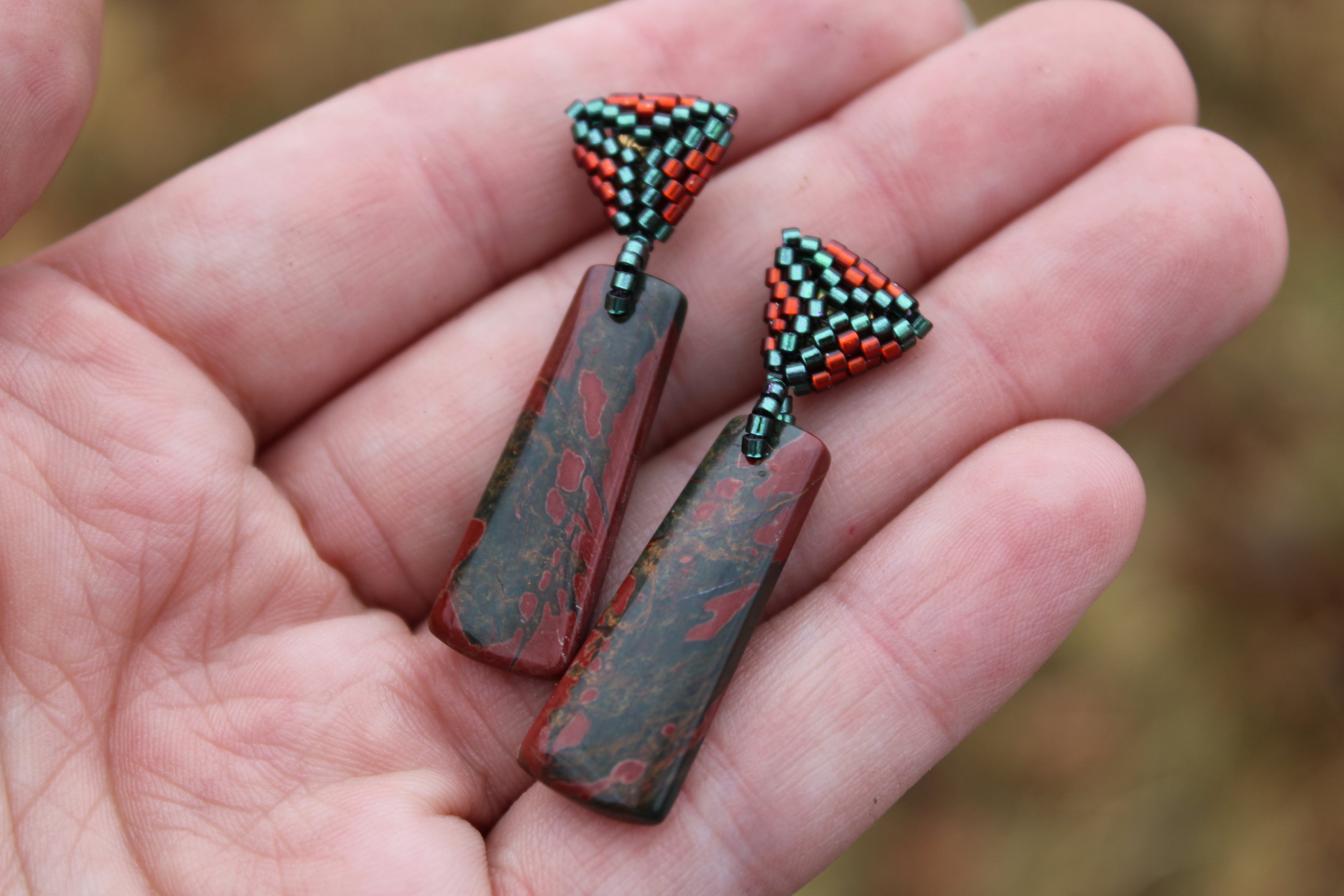 Short Red Creek Jasper Rectangle Spike Earrings