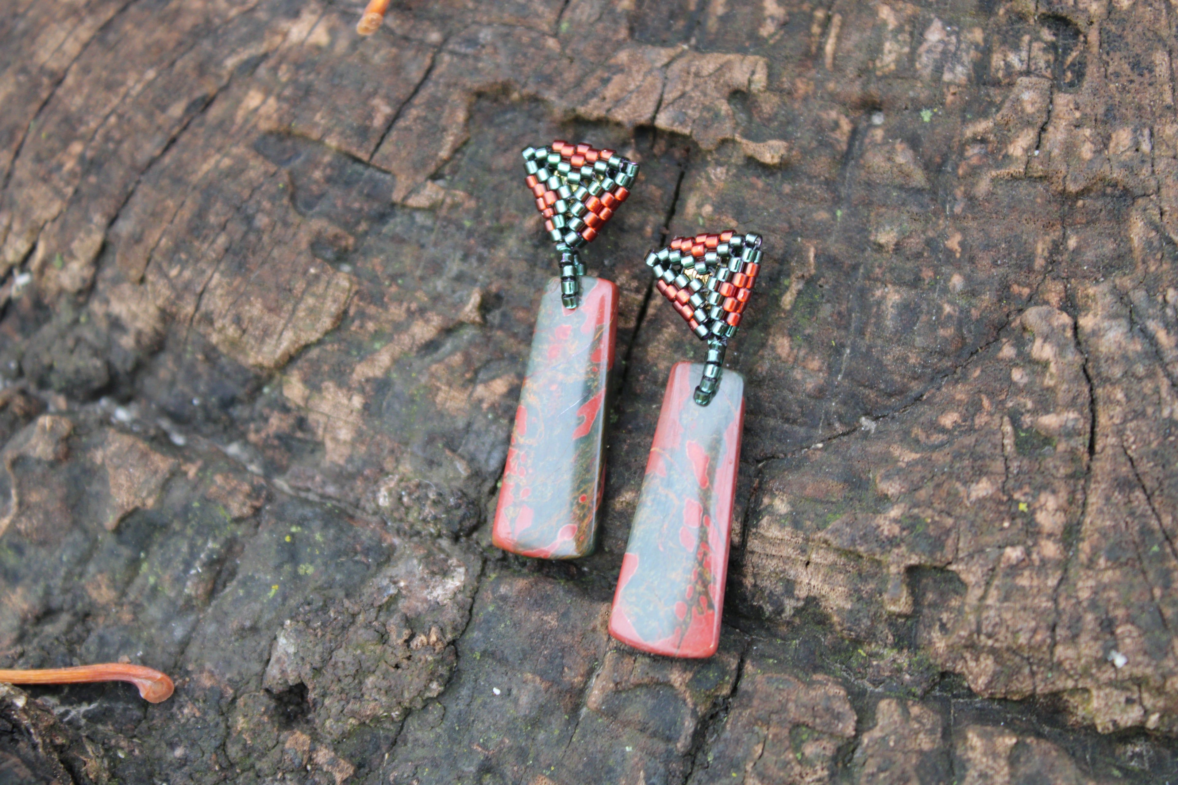 Short Red Creek Jasper Rectangle Spike Earrings