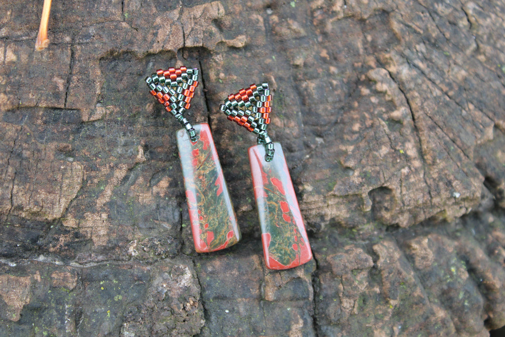 Short Red Creek Jasper Rectangle Spike Earrings