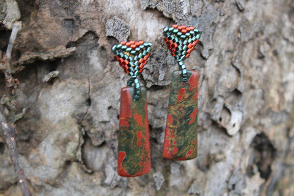 Short Red Creek Jasper Rectangle Spike Earrings