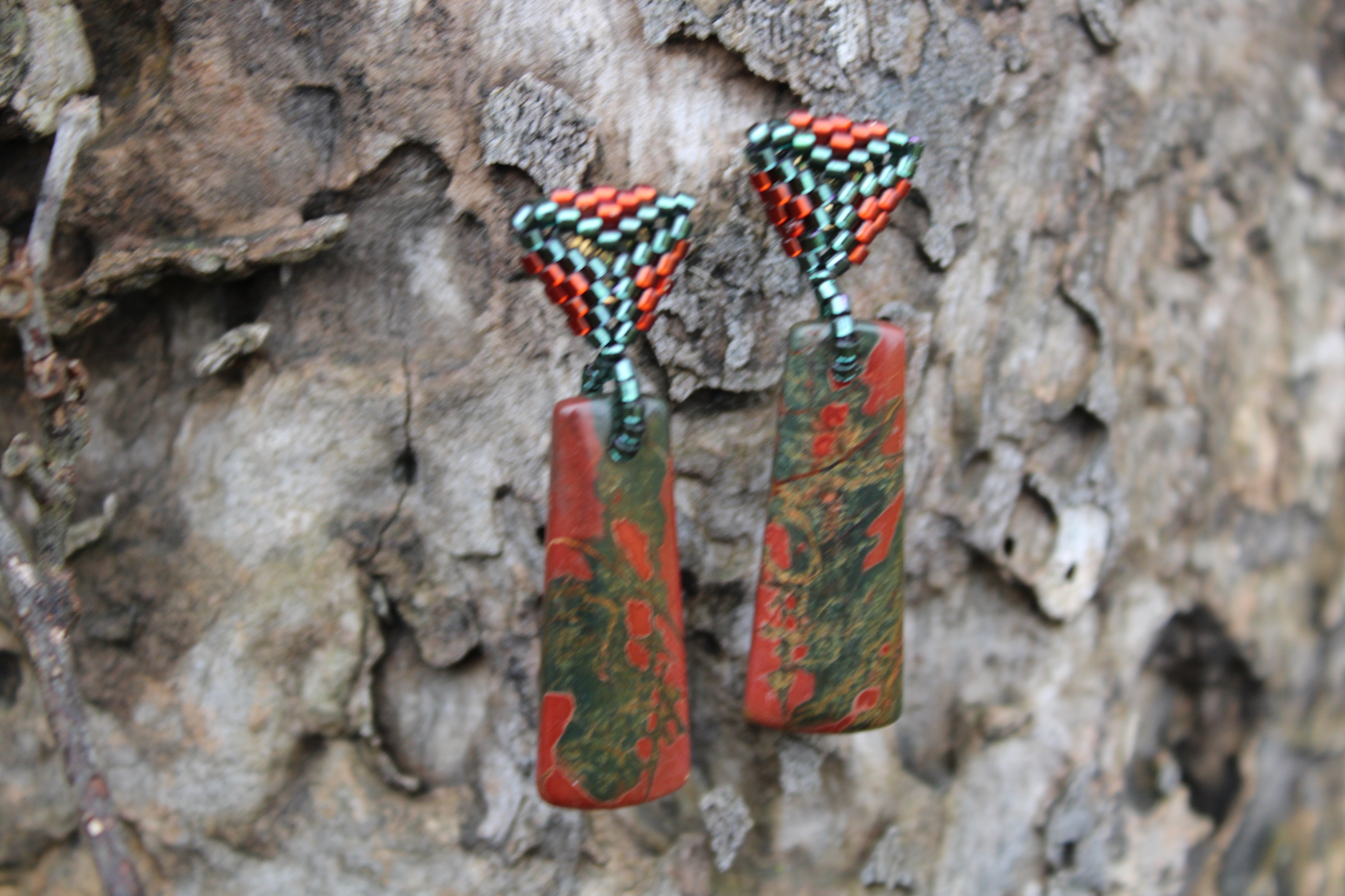 Short Red Creek Jasper Rectangle Spike Earrings