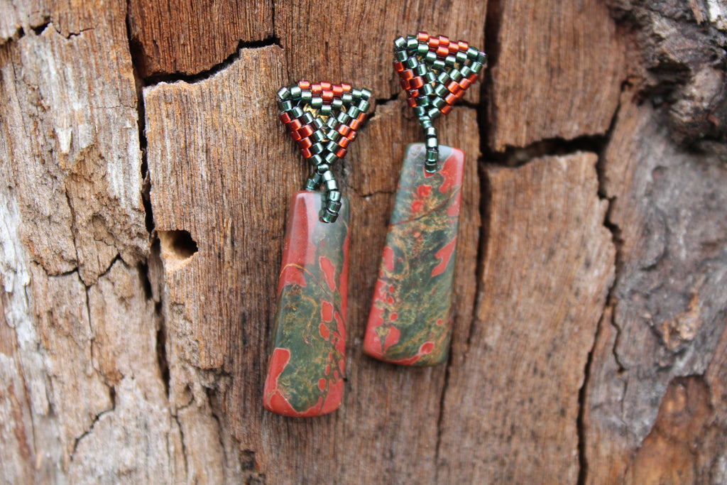 Short Red Creek Jasper Rectangle Spike Earrings