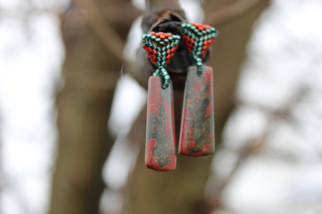 Short Red Creek Jasper Rectangle Spike Earrings