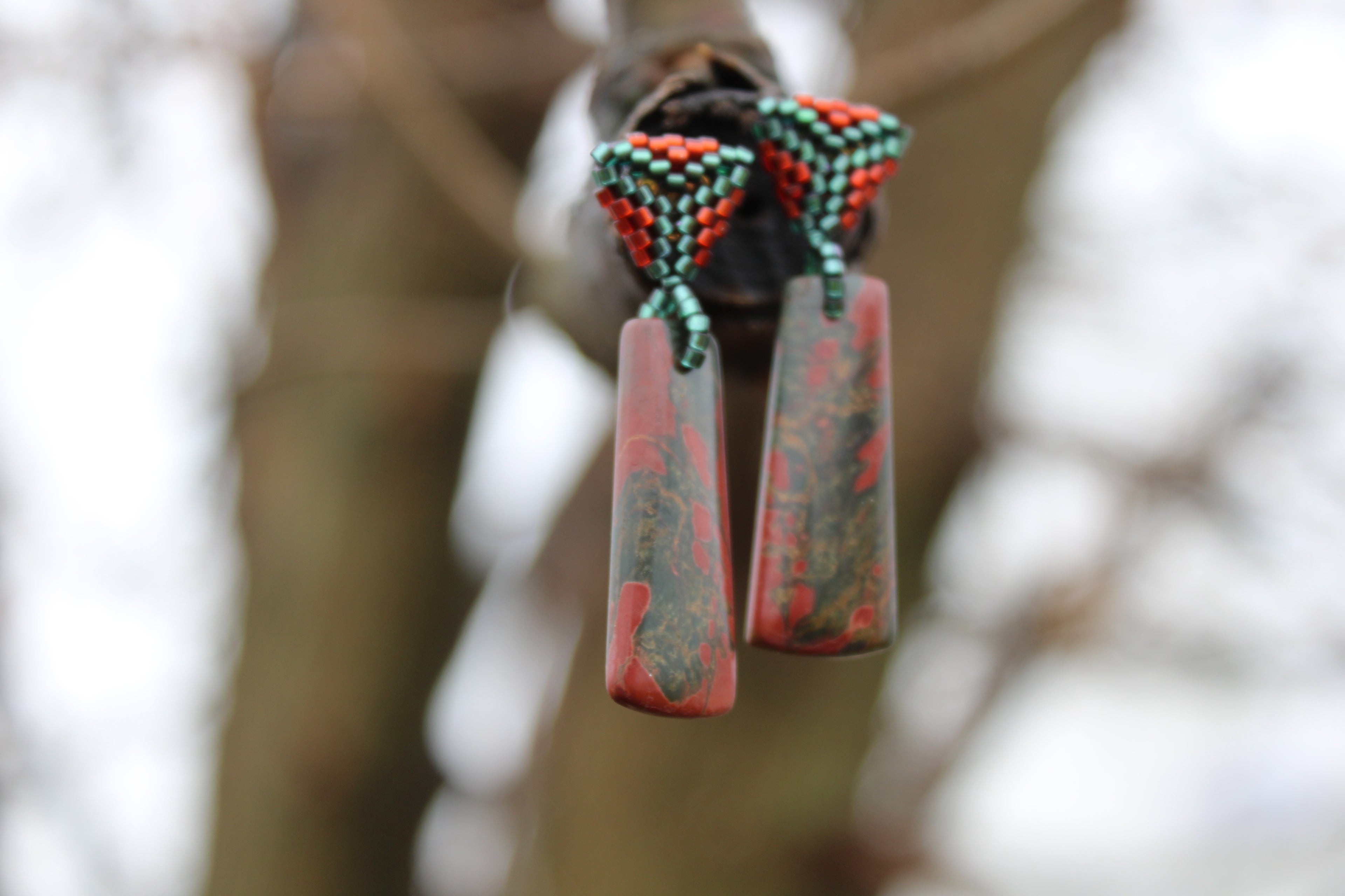 Short Red Creek Jasper Rectangle Spike Earrings