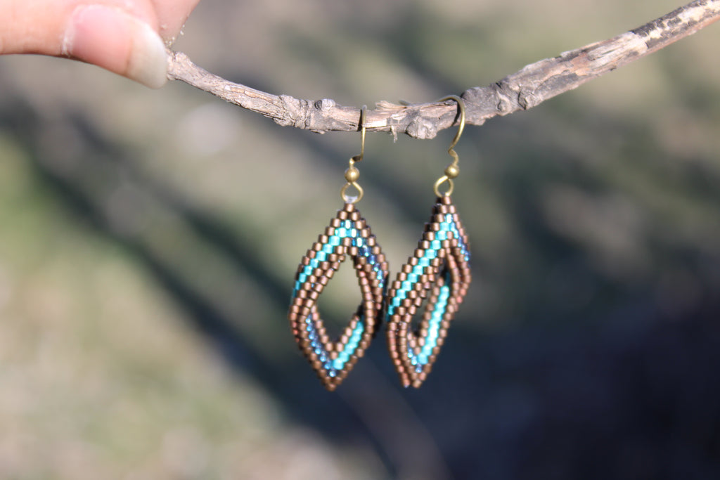Small Blue and Brown Peyote Twist Earrings