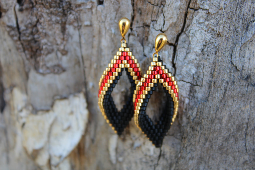Small Red and Gold Peyote Twist Earrings