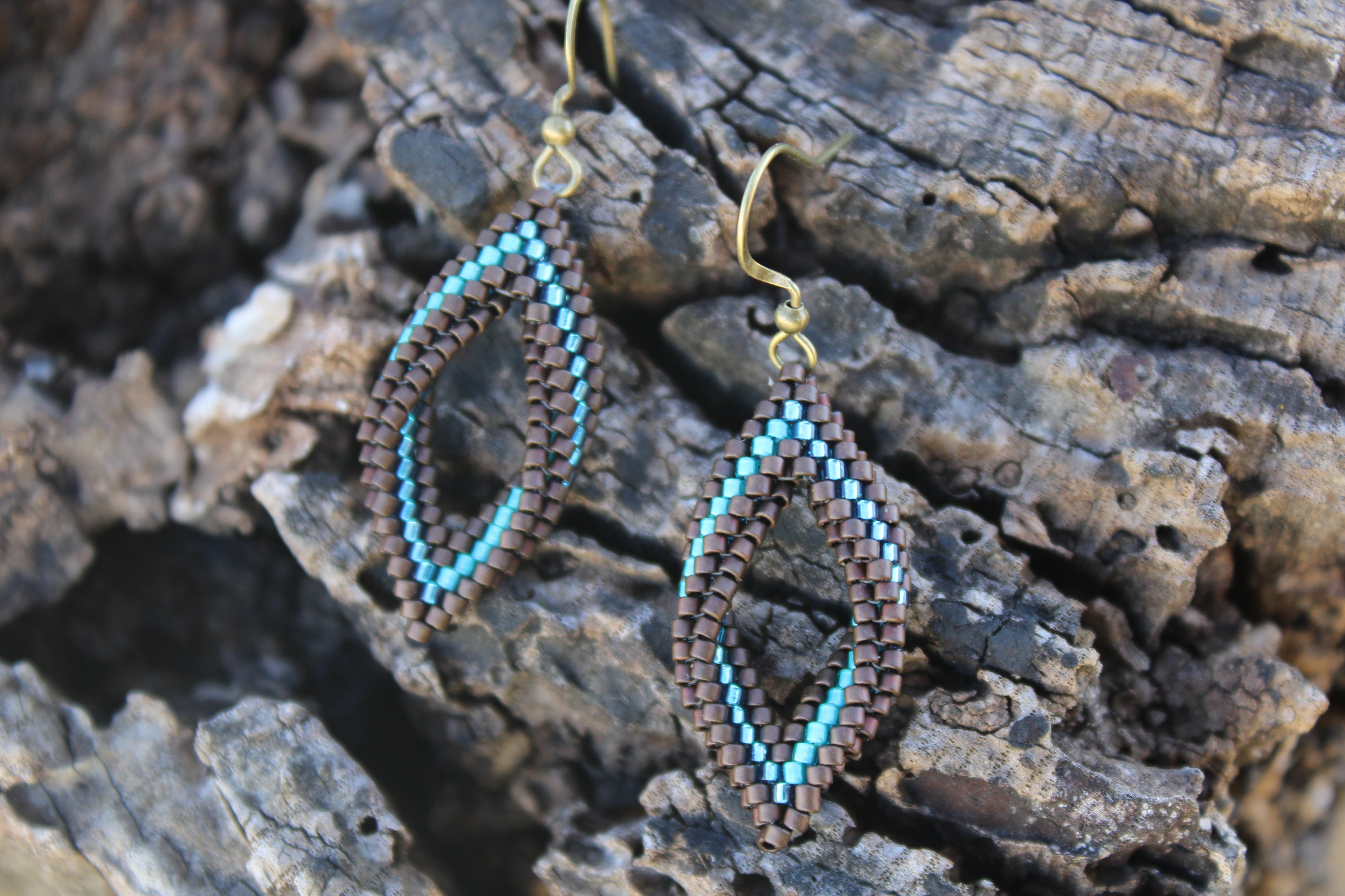 Small Blue and Brown Peyote Twist Earrings