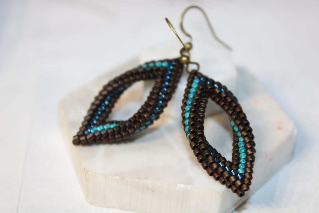 Small Blue and Brown Peyote Twist Earrings