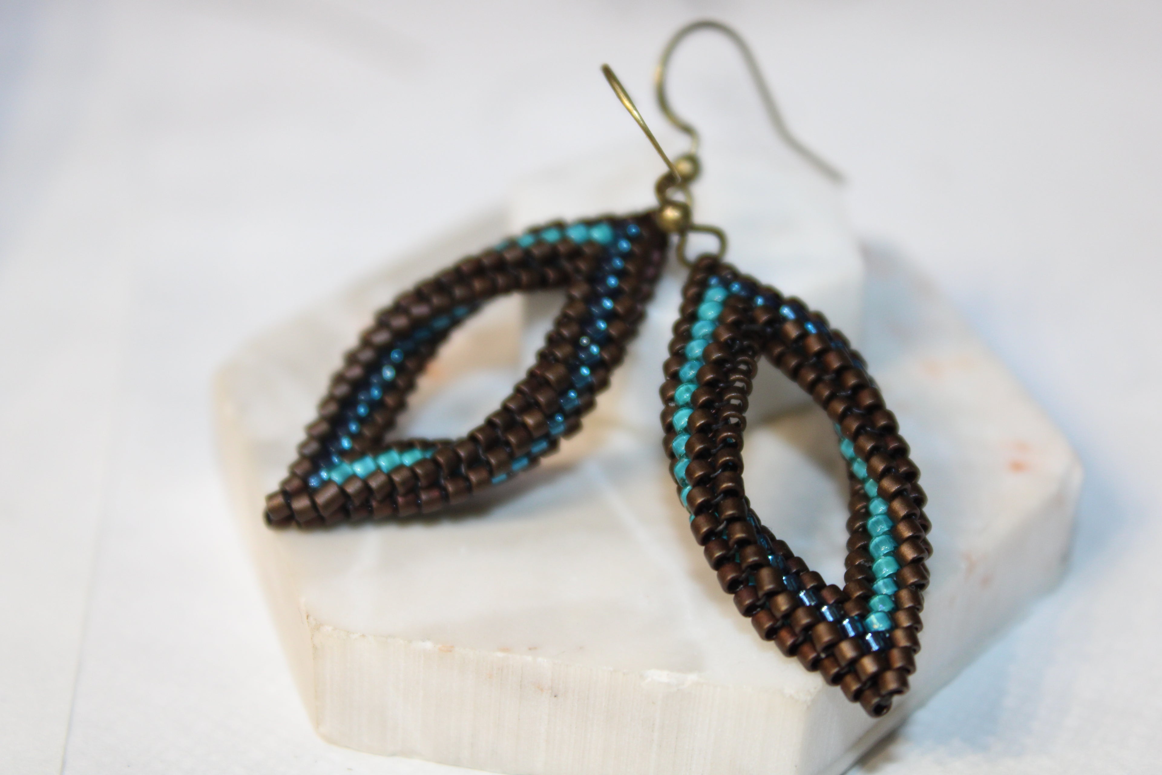 Small Blue and Brown Peyote Twist Earrings