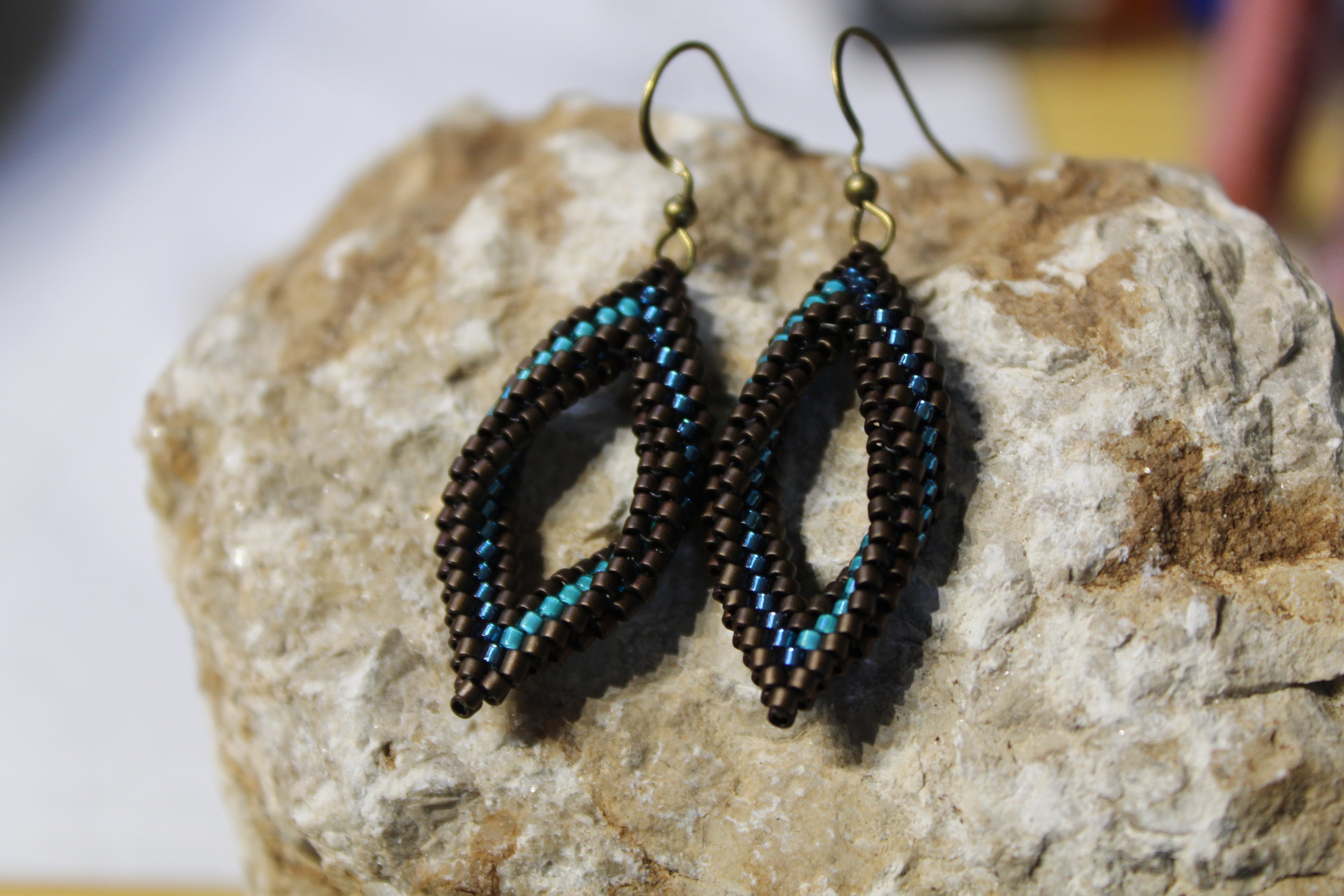 Small Blue and Brown Peyote Twist Earrings