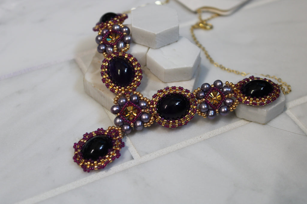Ornate Beaded Amethyst Necklace with Freshwater Pearls