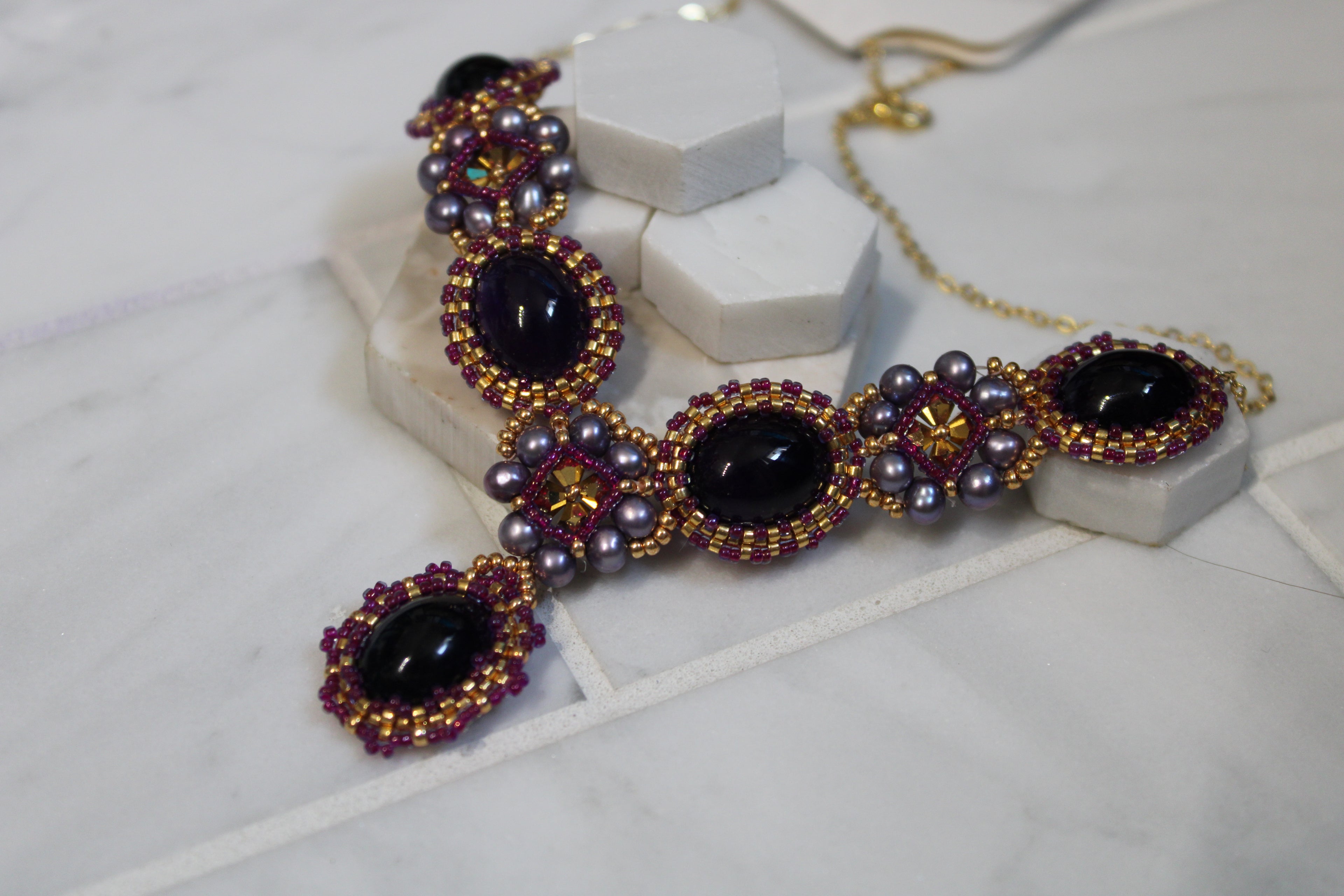 Ornate Beaded Amethyst Necklace with Freshwater Pearls
