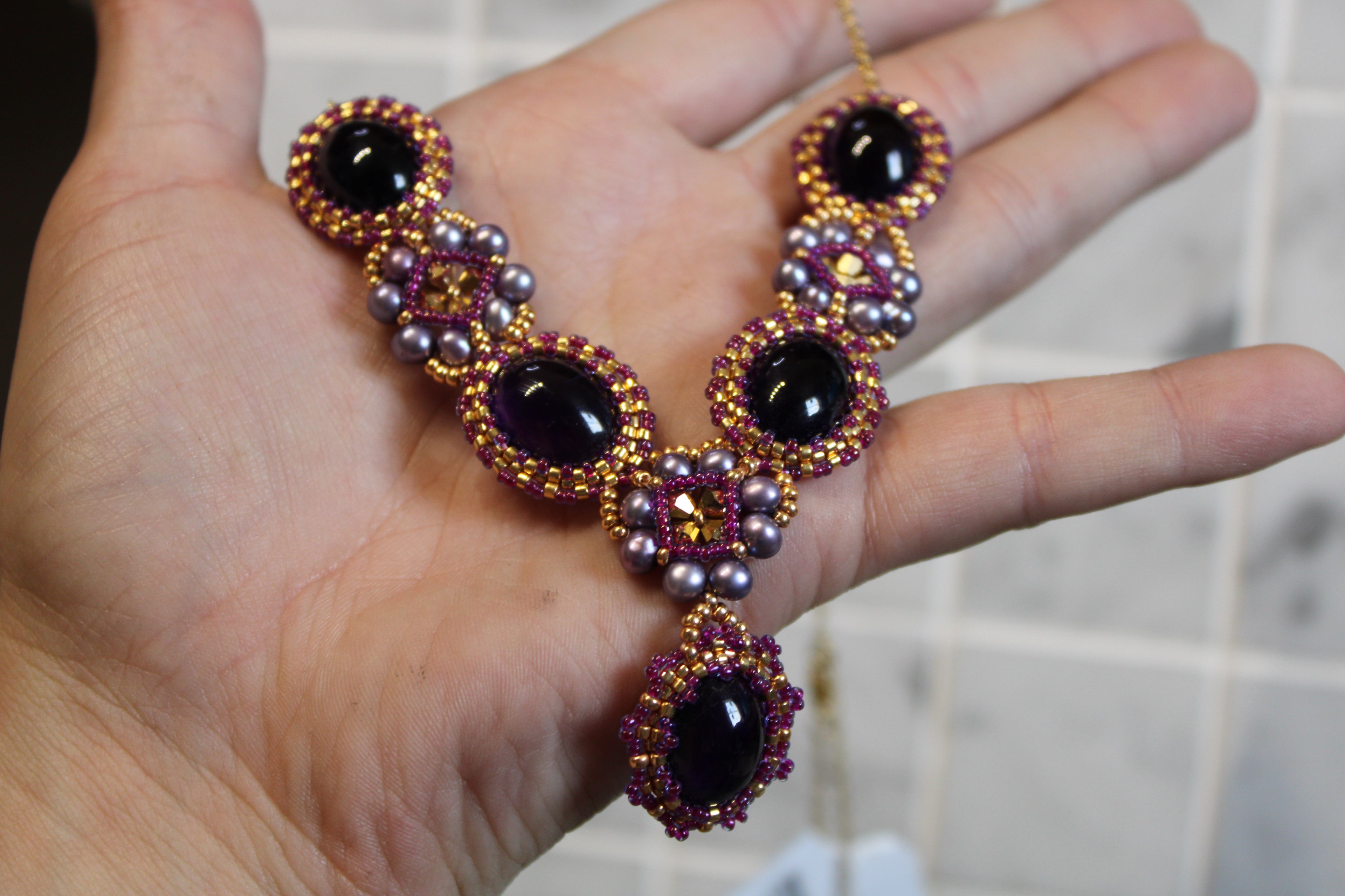 Ornate Beaded Amethyst Necklace with Freshwater Pearls