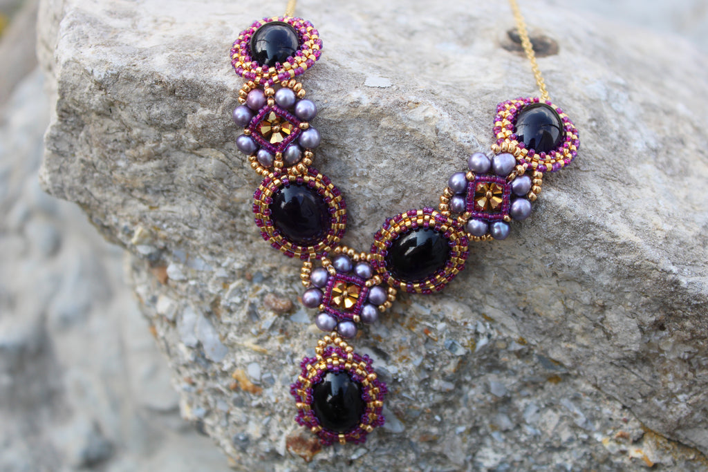 Ornate Beaded Amethyst Necklace with Freshwater Pearls