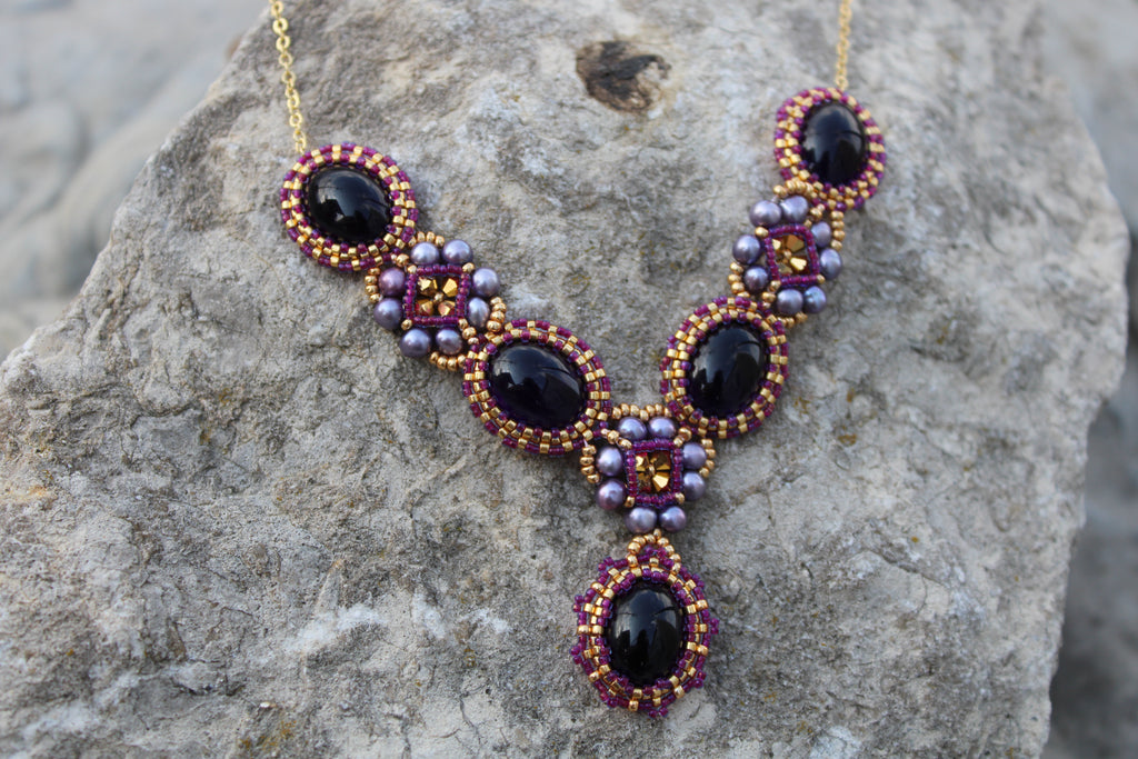 Ornate Beaded Amethyst Necklace with Freshwater Pearls