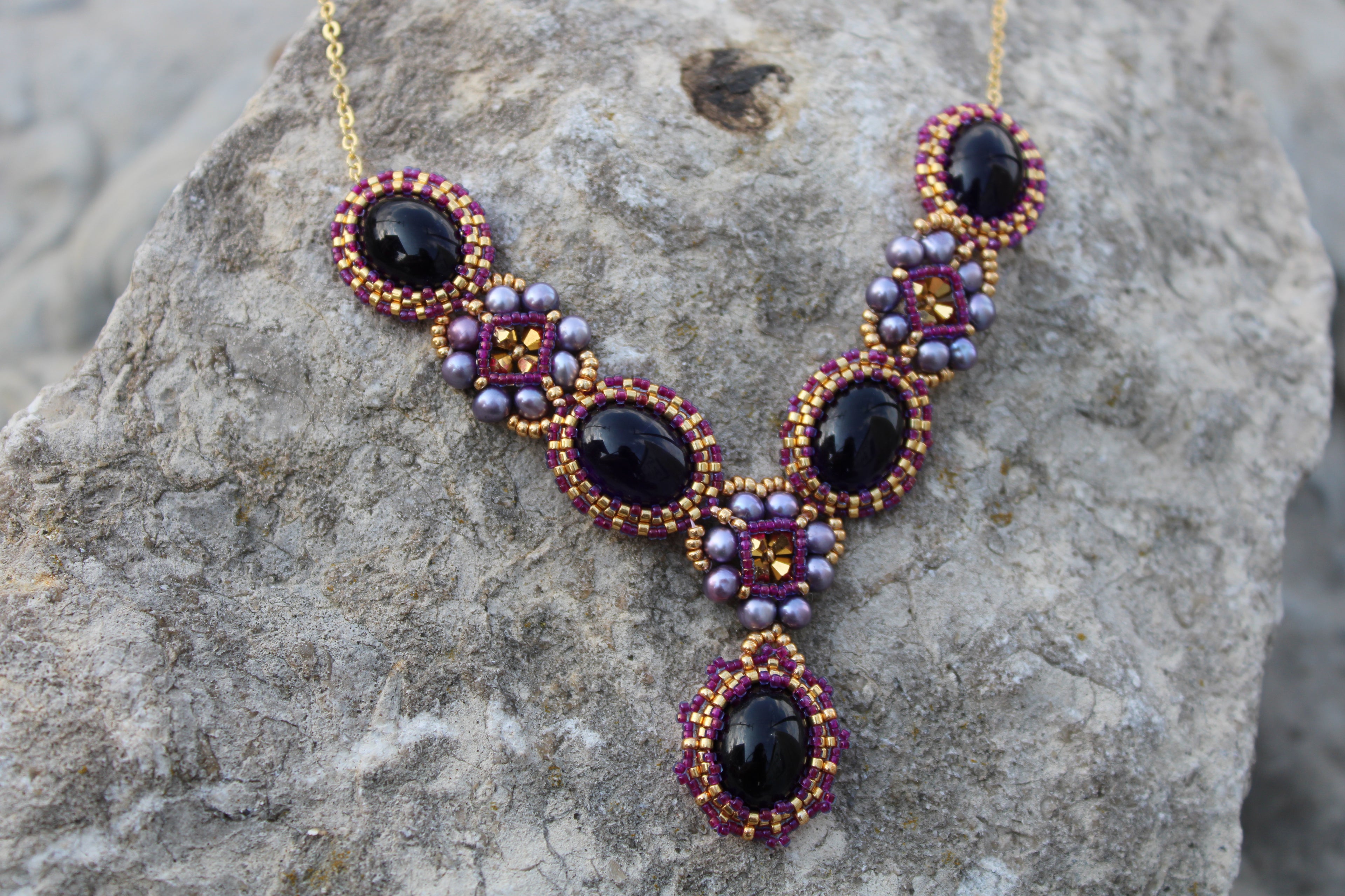 Ornate Beaded Amethyst Necklace with Freshwater Pearls