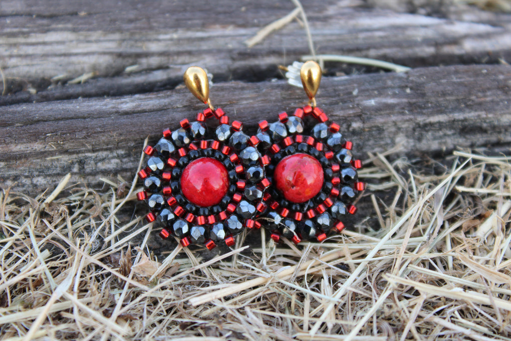 Dyed Red Jasper and Hematite Circle Earrings