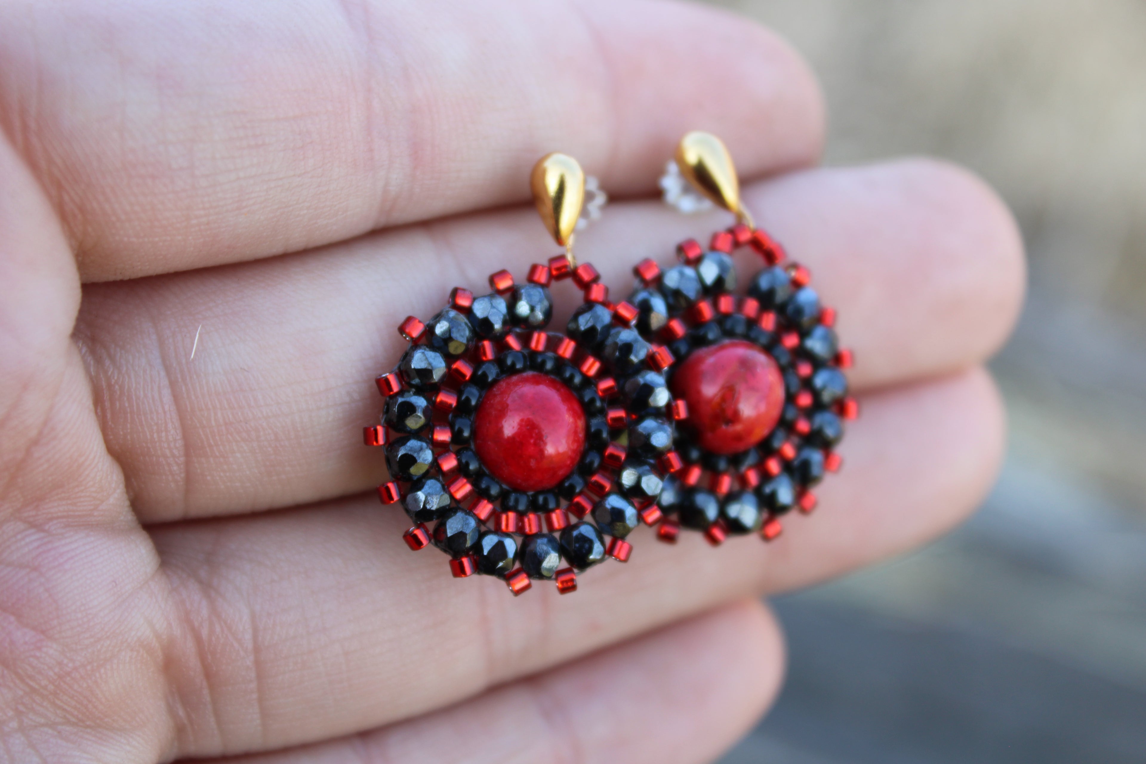 Dyed Red Jasper and Hematite Circle Earrings