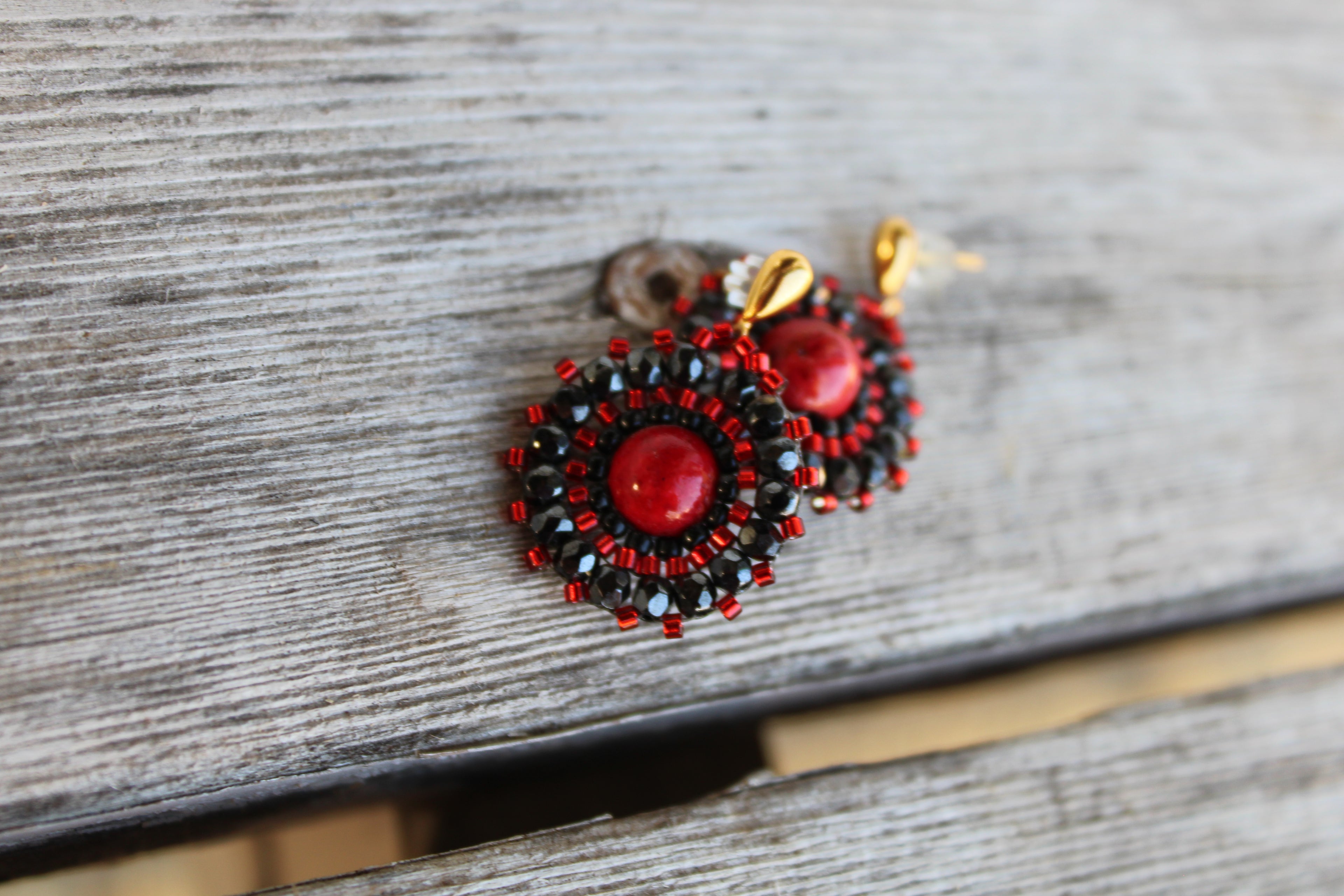 Dyed Red Jasper and Hematite Circle Earrings