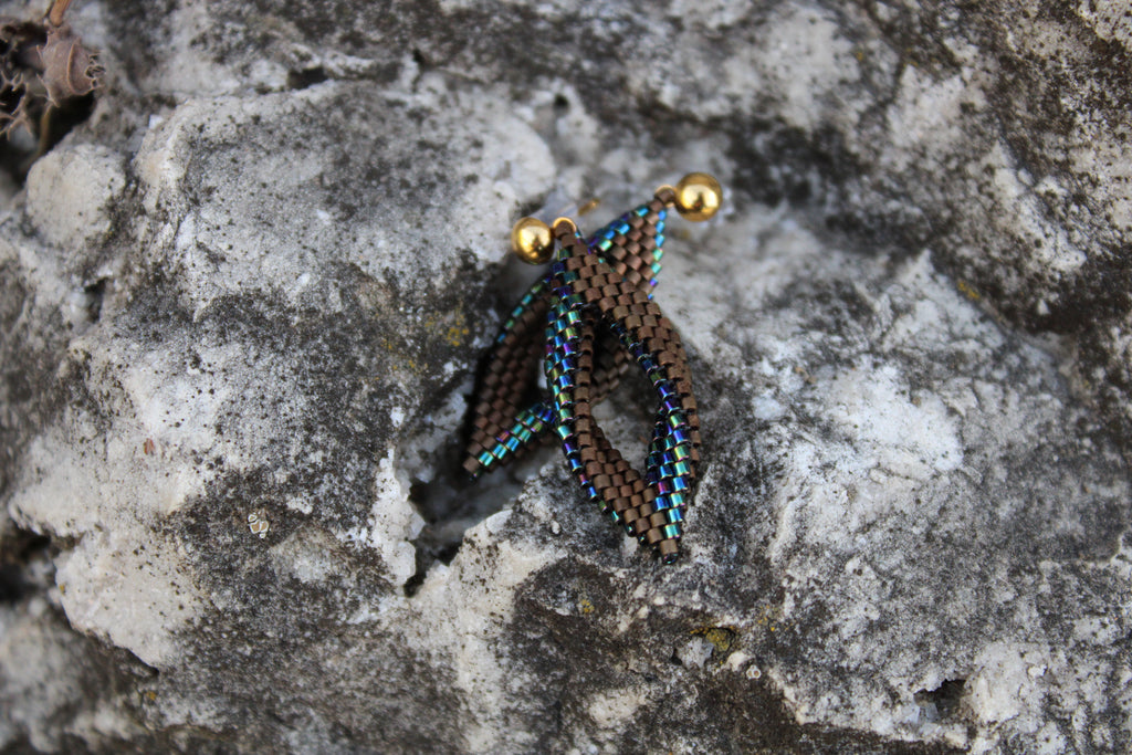 Extra Tiny Blue and Brown Peyote Twist Earrings