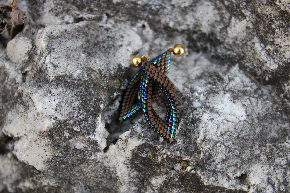 Extra Tiny Blue and Brown Peyote Twist Earrings