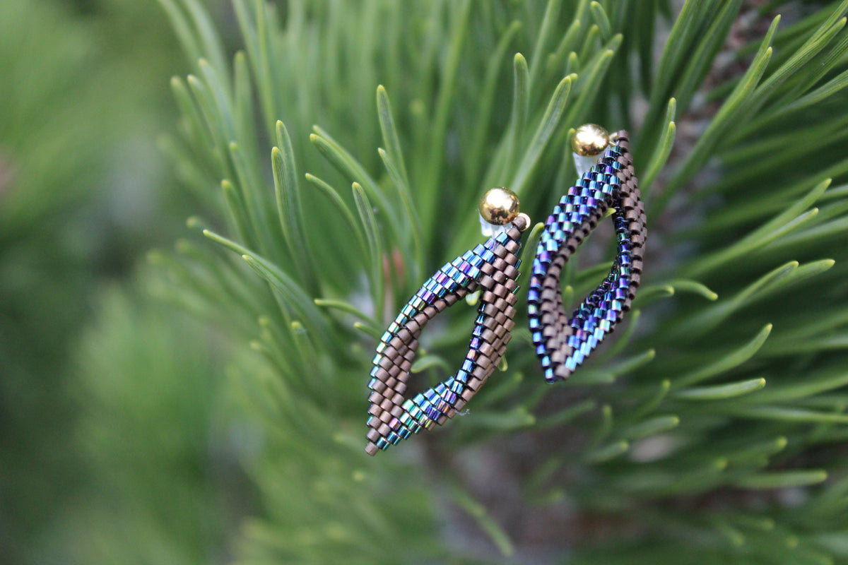 Extra Tiny Blue and Brown Peyote Twist Earrings