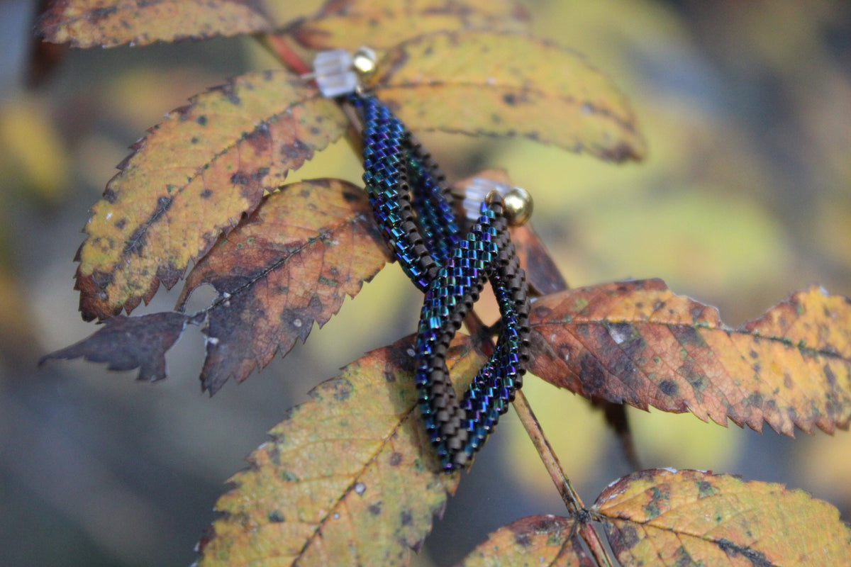 Extra Tiny Blue and Brown Peyote Twist Earrings