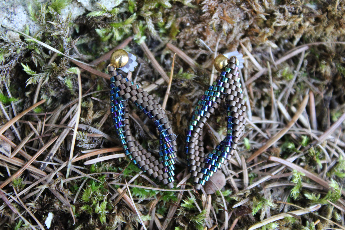 Extra Tiny Blue and Brown Peyote Twist Earrings