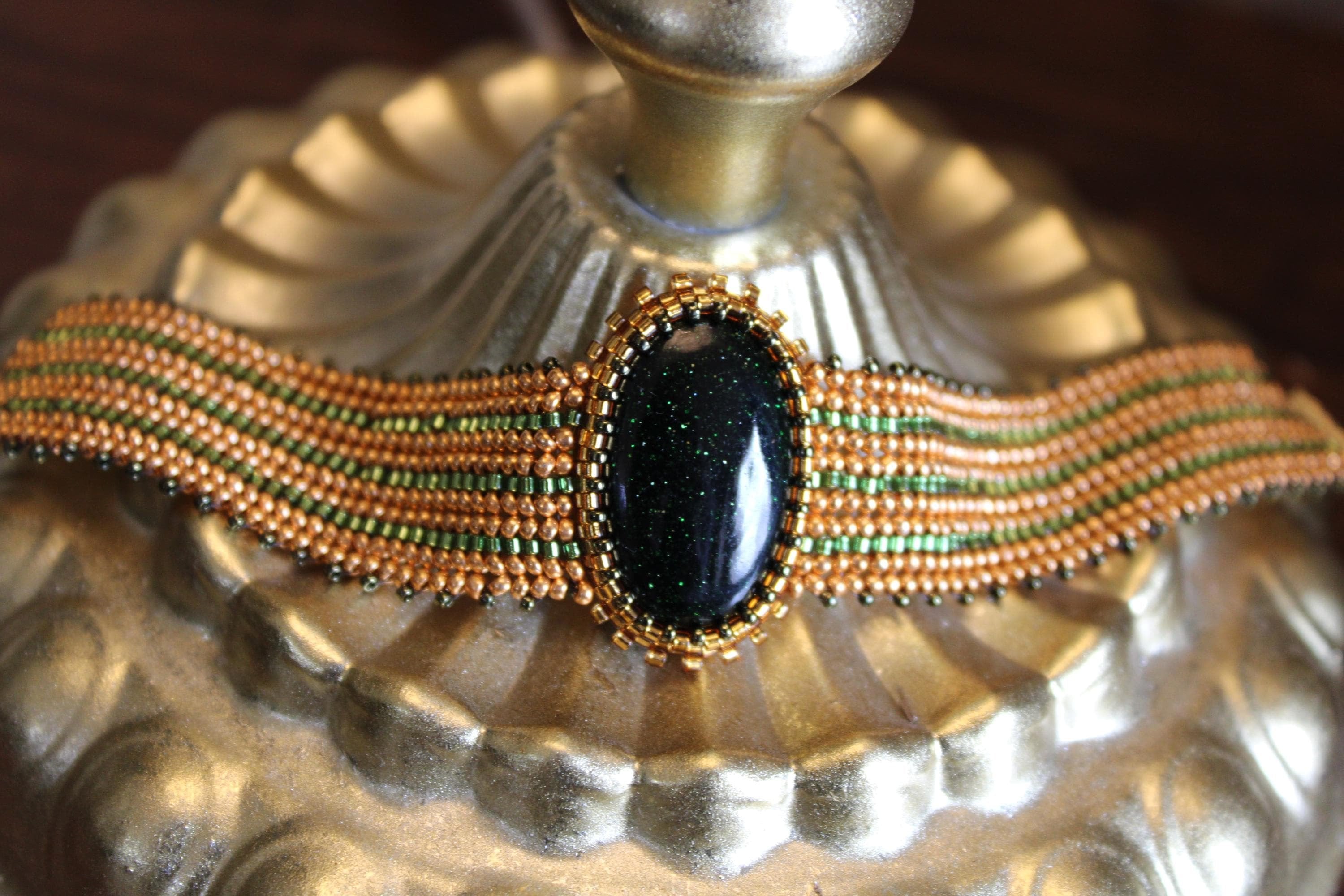 Green Goldstone Wide Cuff Beaded Bracelet