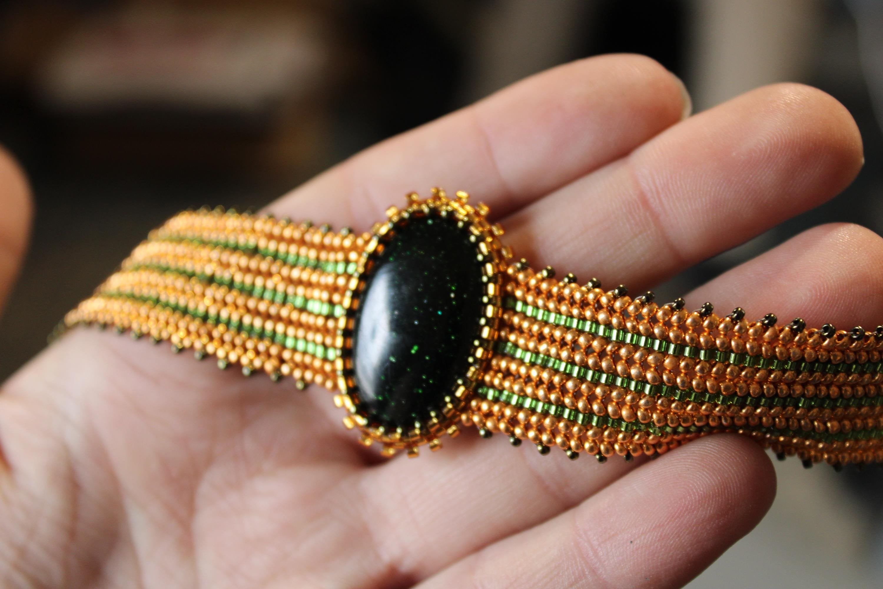 Green Goldstone Wide Cuff Beaded Bracelet