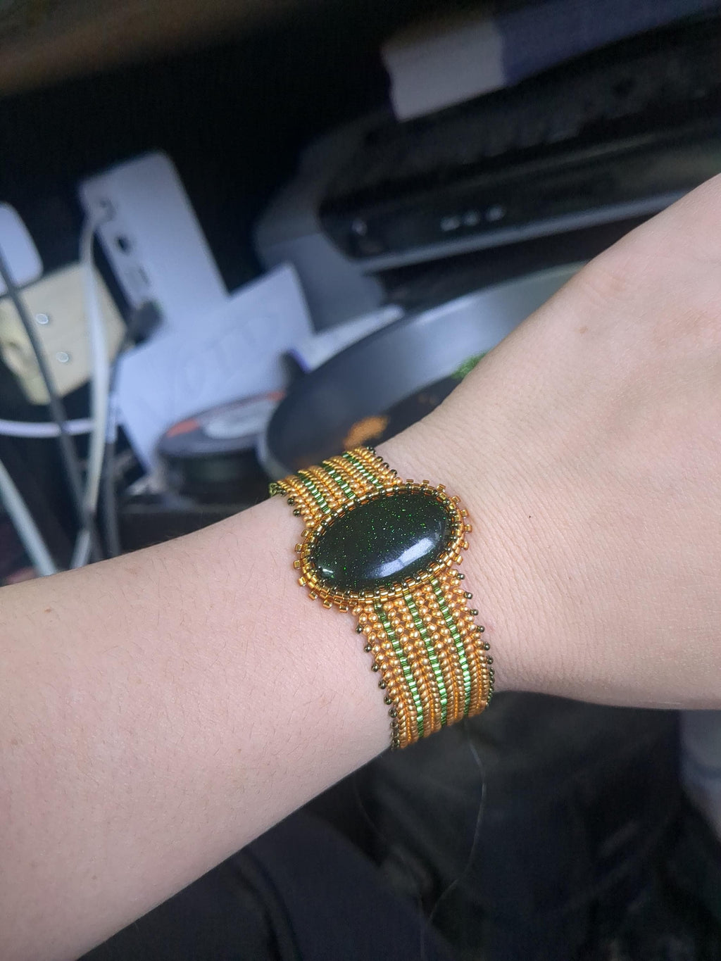 Green Goldstone Wide Cuff Beaded Bracelet