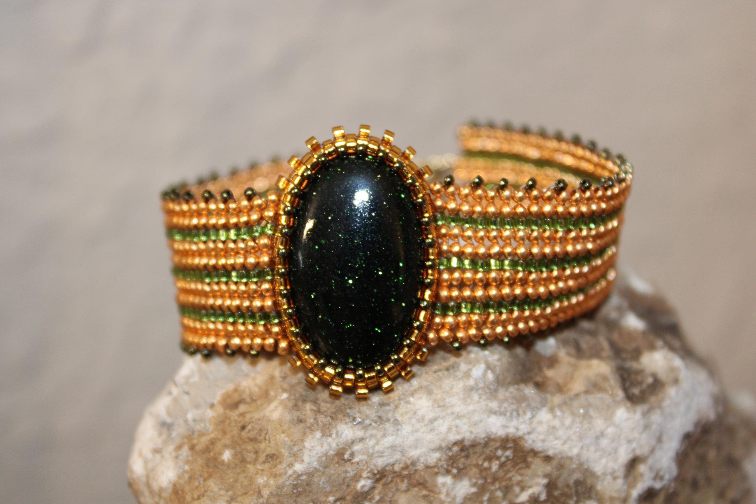 Green Goldstone Wide Cuff Beaded Bracelet