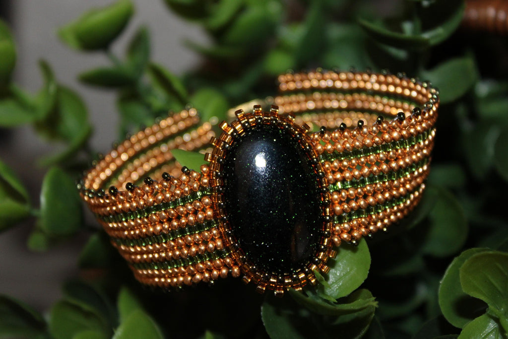Green Goldstone Wide Cuff Beaded Bracelet