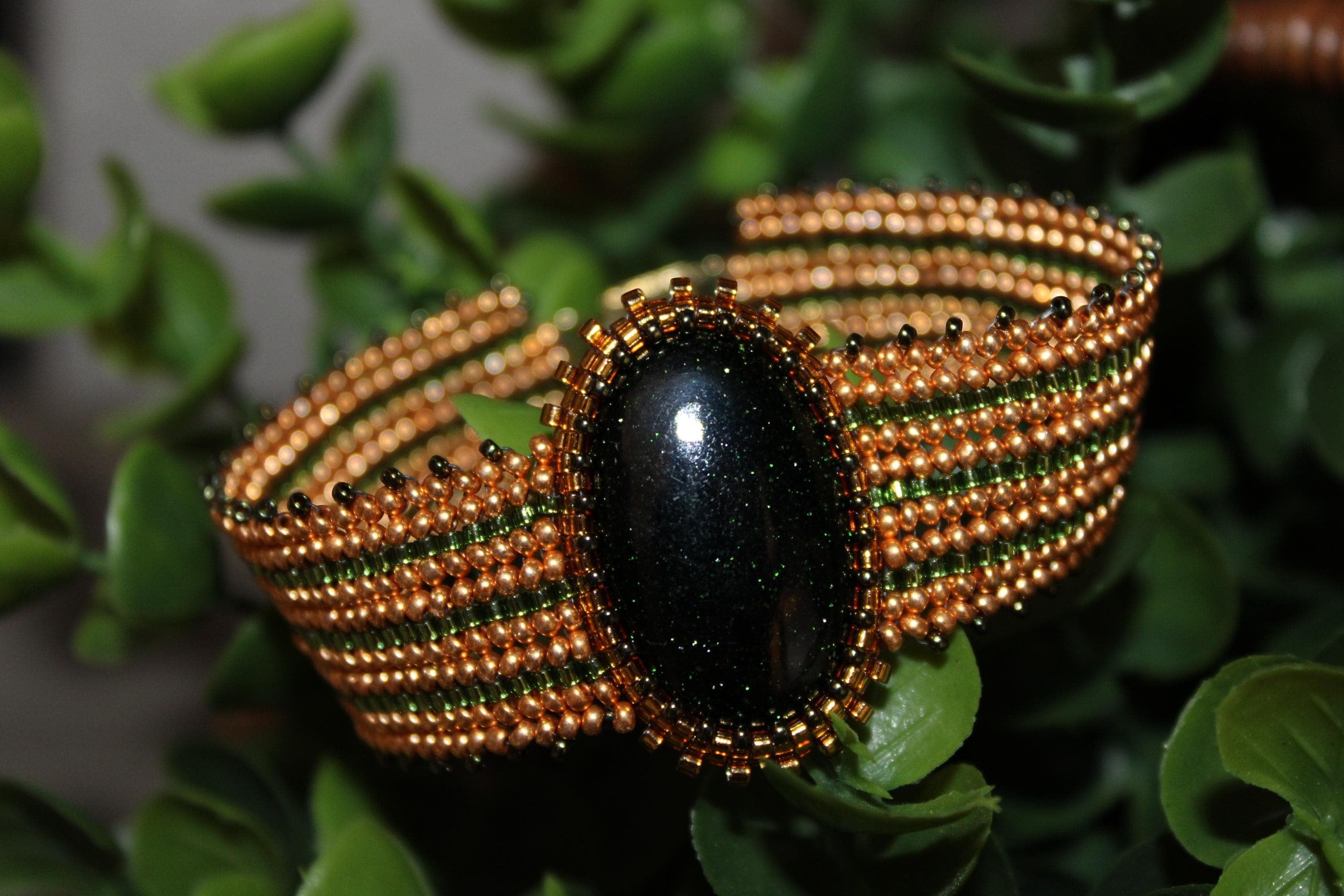 Green Goldstone Wide Cuff Beaded Bracelet
