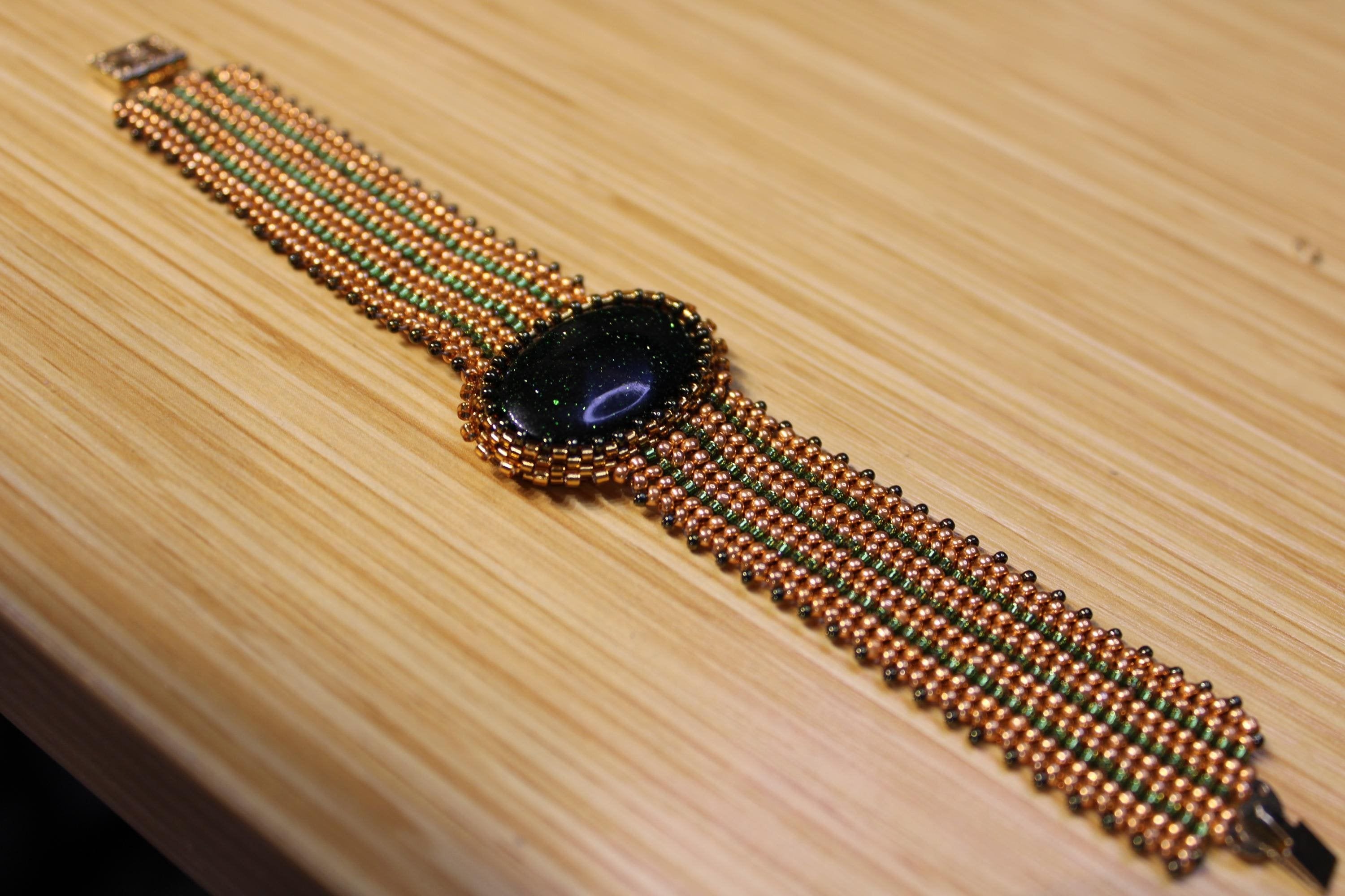 Green Goldstone Wide Cuff Beaded Bracelet