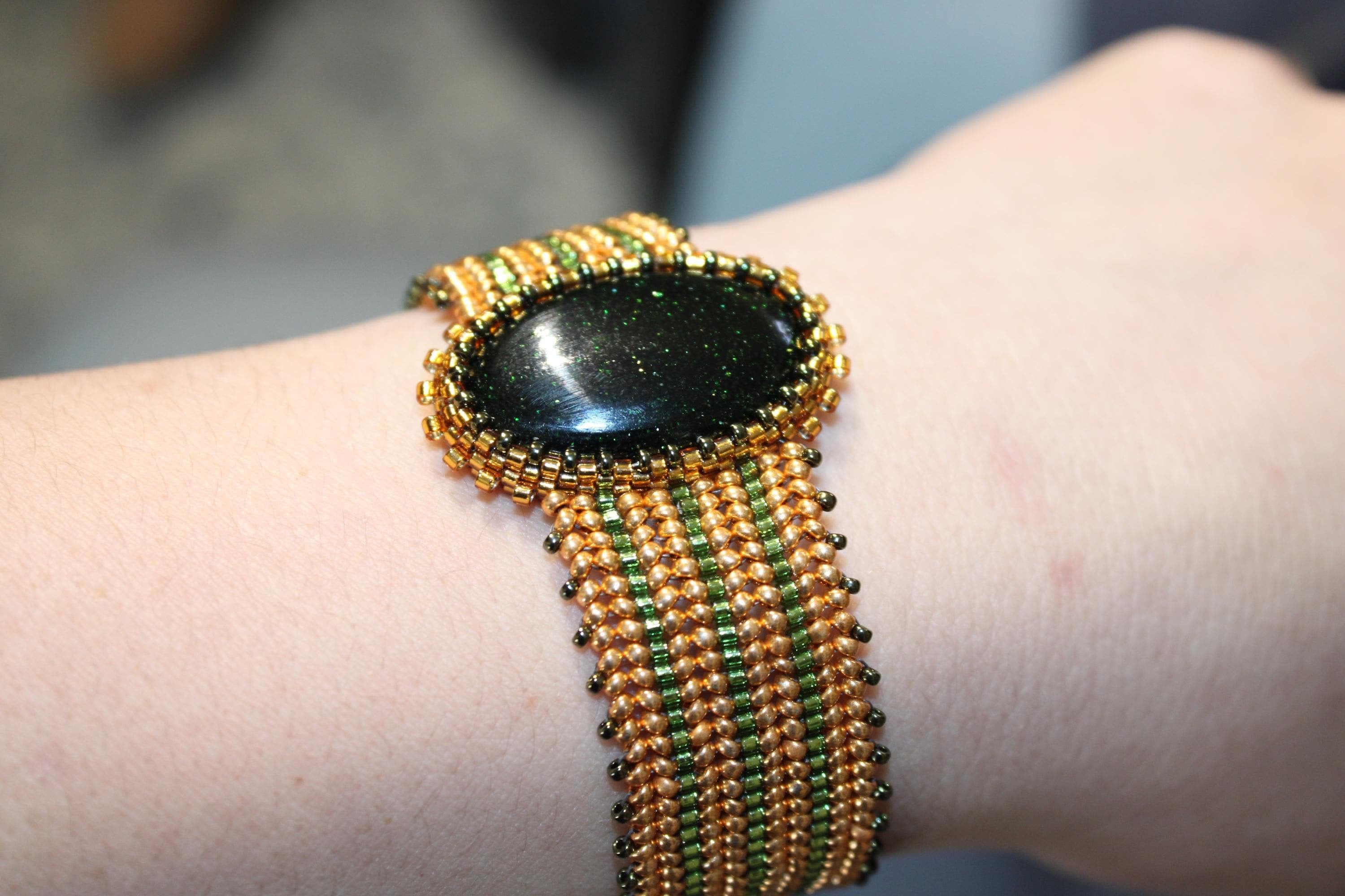 Green Goldstone Wide Cuff Beaded Bracelet