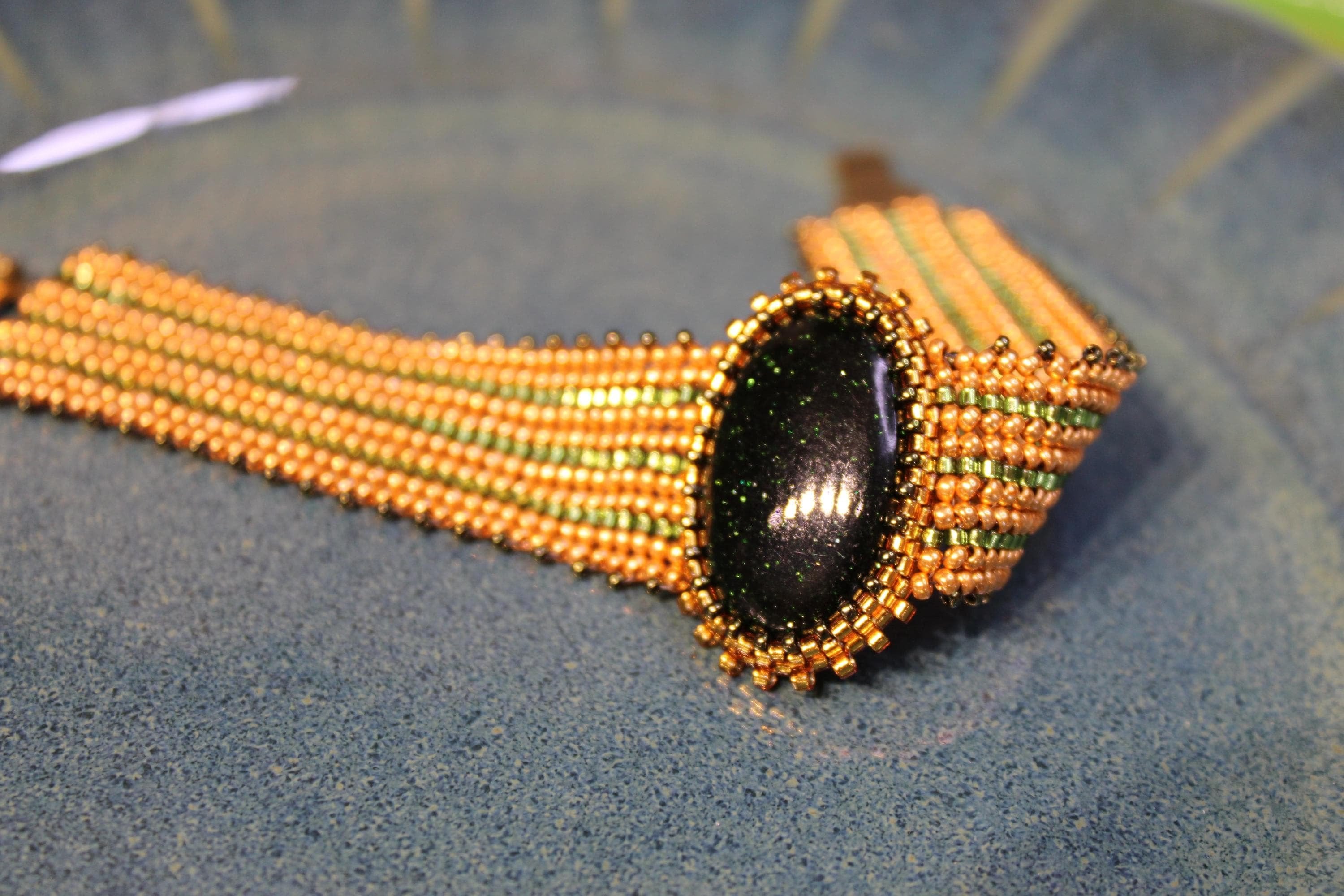 Green Goldstone Wide Cuff Beaded Bracelet