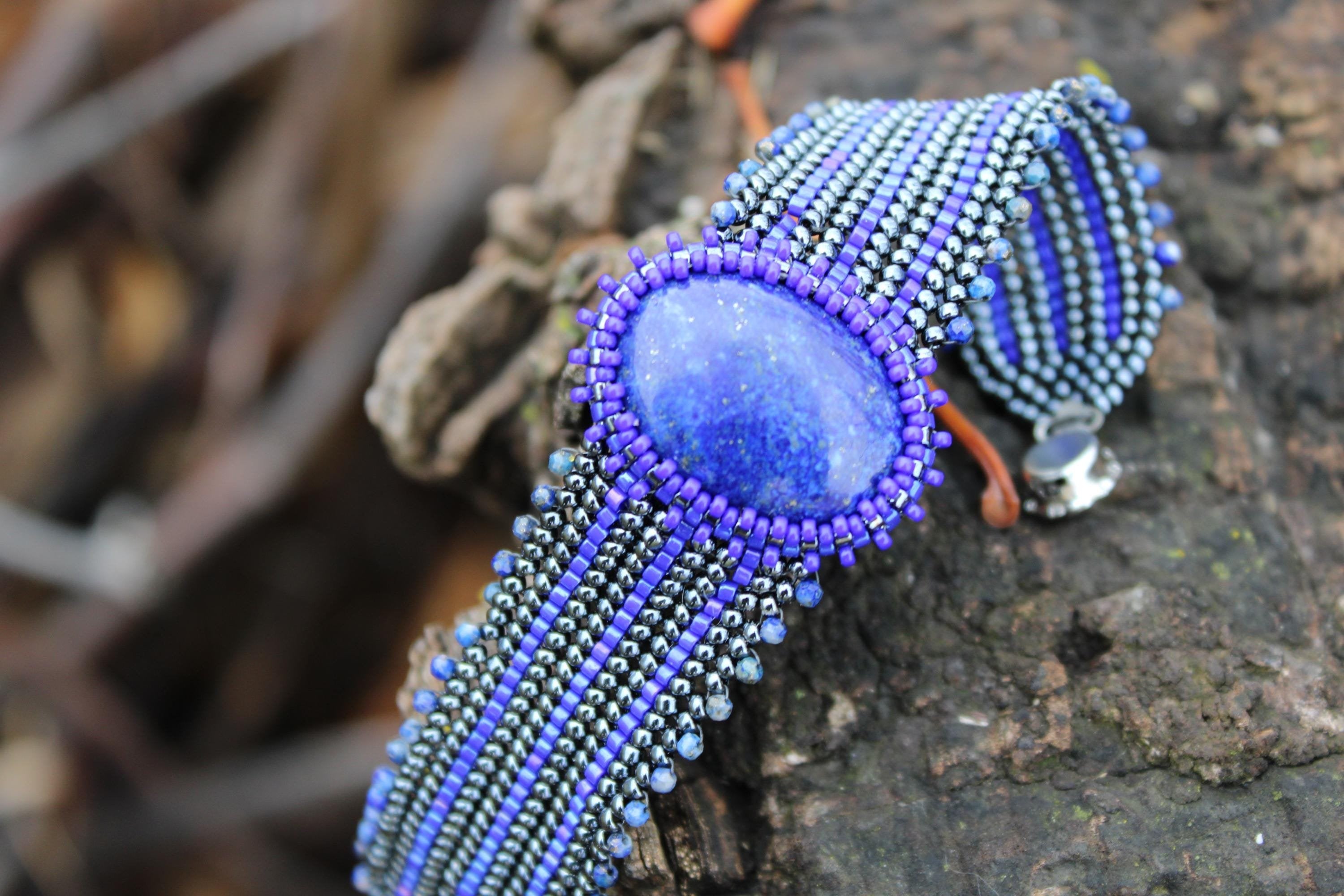 Lapis Lazuli Wide Cuff Beaded Bracelet